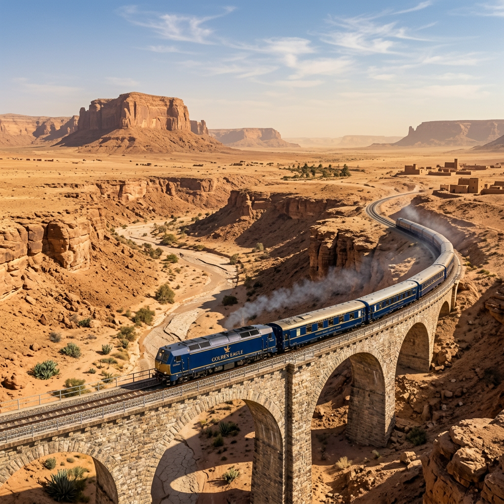 Golden Eagle luxury train crossing a stone viaduct surrounded by forest and mountains